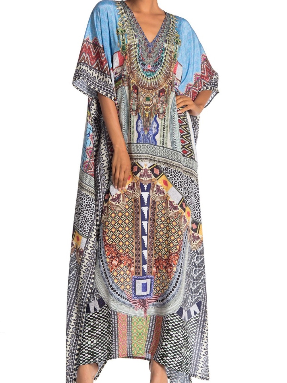 Boho Printed Kaftan Maxi Dress V Neck Resort Beach Cover Up One Size